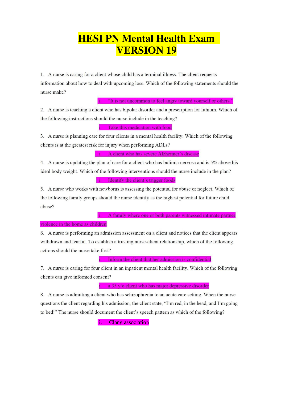 Latest 20222023 HESI PN Mental Health Exam Version 19 Questions